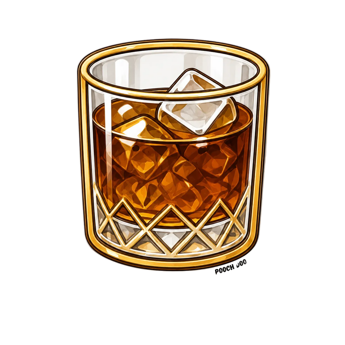 A stylized illustration of a clear rocks glass filled with amber-brown liquid and ice cubes, shown on a plain white background. The glass has a gold-toned rim and geometric pattern near the base.
