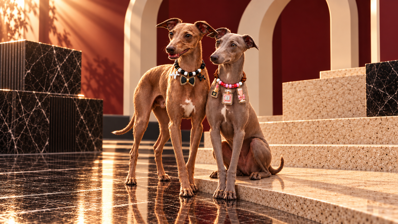 Two slender dogs standing on a polished stone floor in an elegant interior with arches and steps, wearing decorative collars.