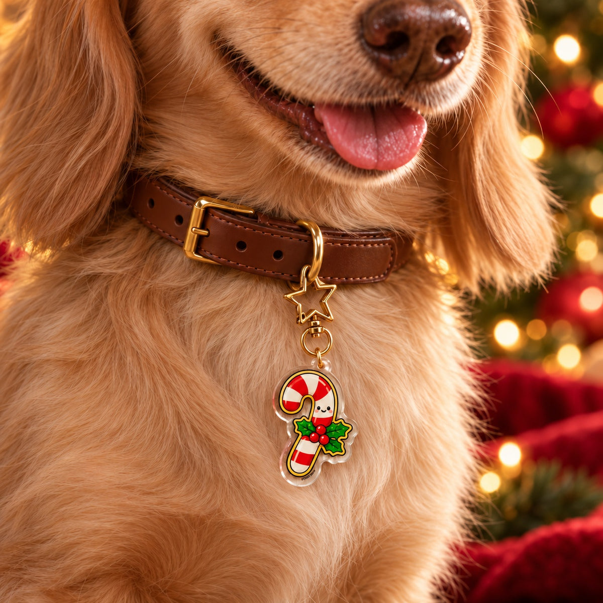 Candy Cane charm star clasp clipped directly through the collar D-ring