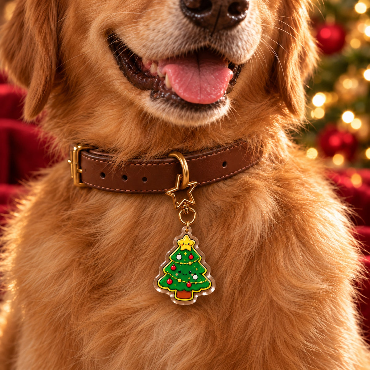 Christmas Tree charm star clasp clipped directly through the collar D-ring