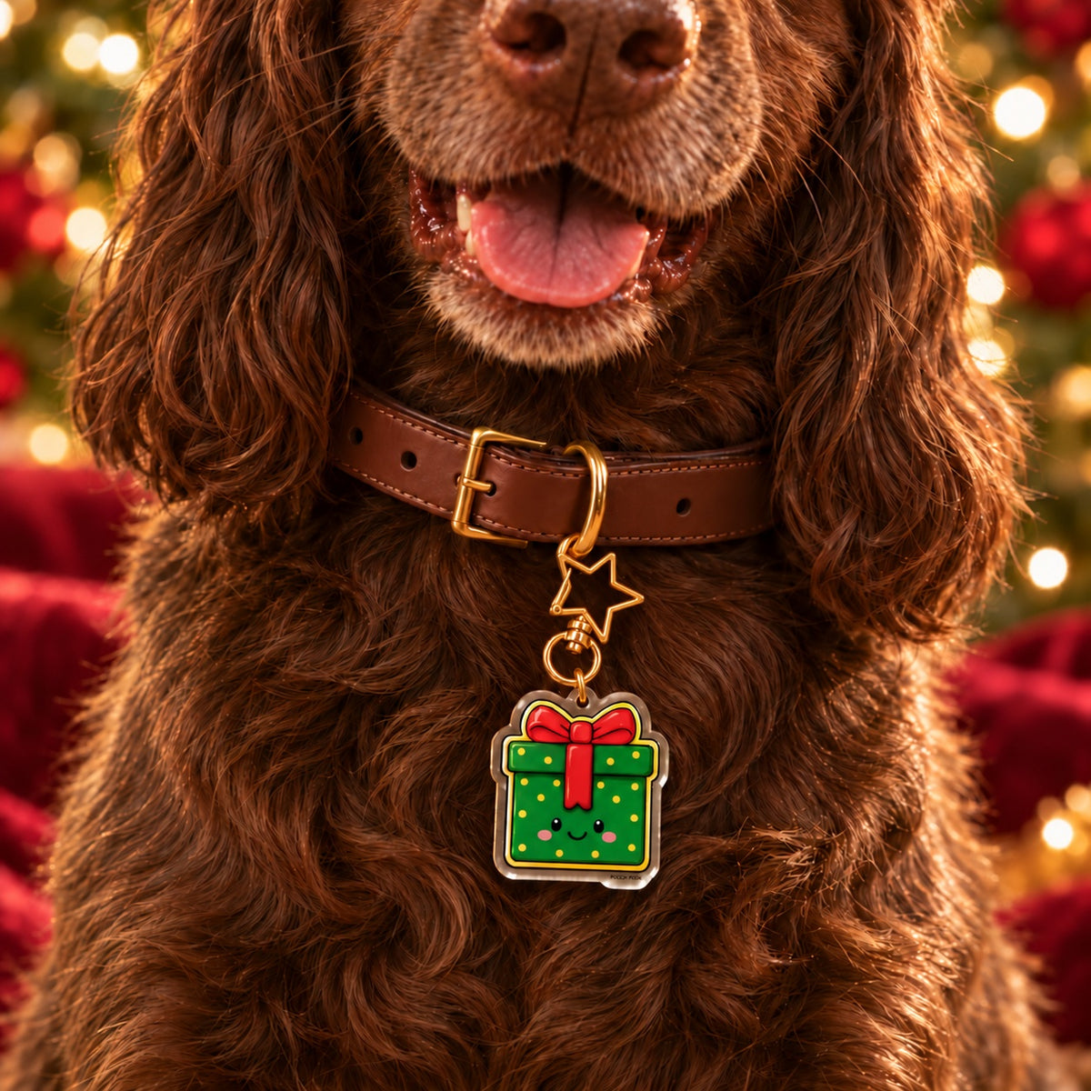 PAWDORA Christmas gift-box charm with reference-matched gold star wire-gate clasp on collar