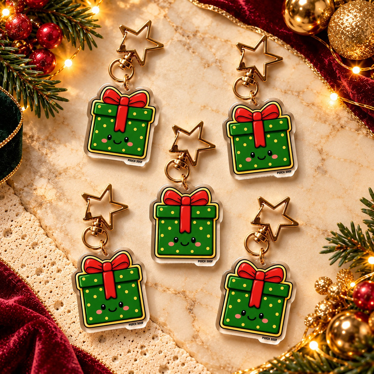 PAWDORA Christmas Gift Box charm with gold-tone star clasp — five matching charms, styling display