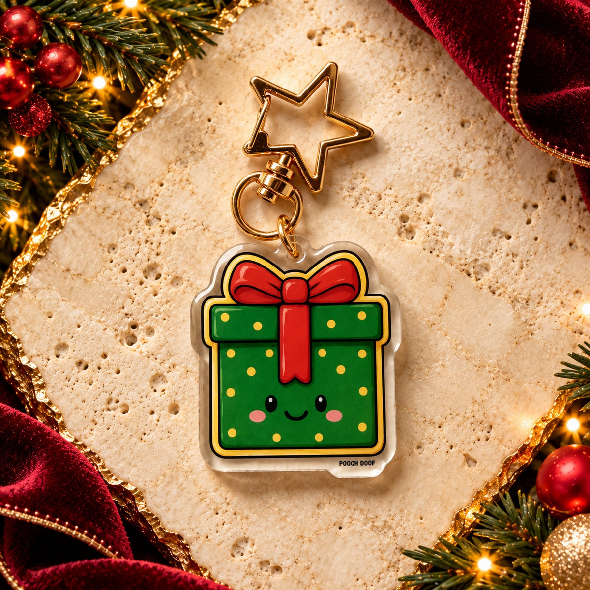 PAWDORA Christmas Gift Box charm with gold-tone star clasp — solo product hero