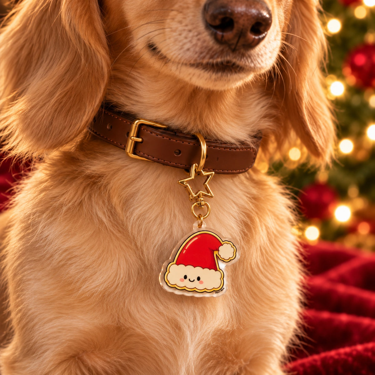 Santa Hat charm star clasp clipped through the collar D-ring
