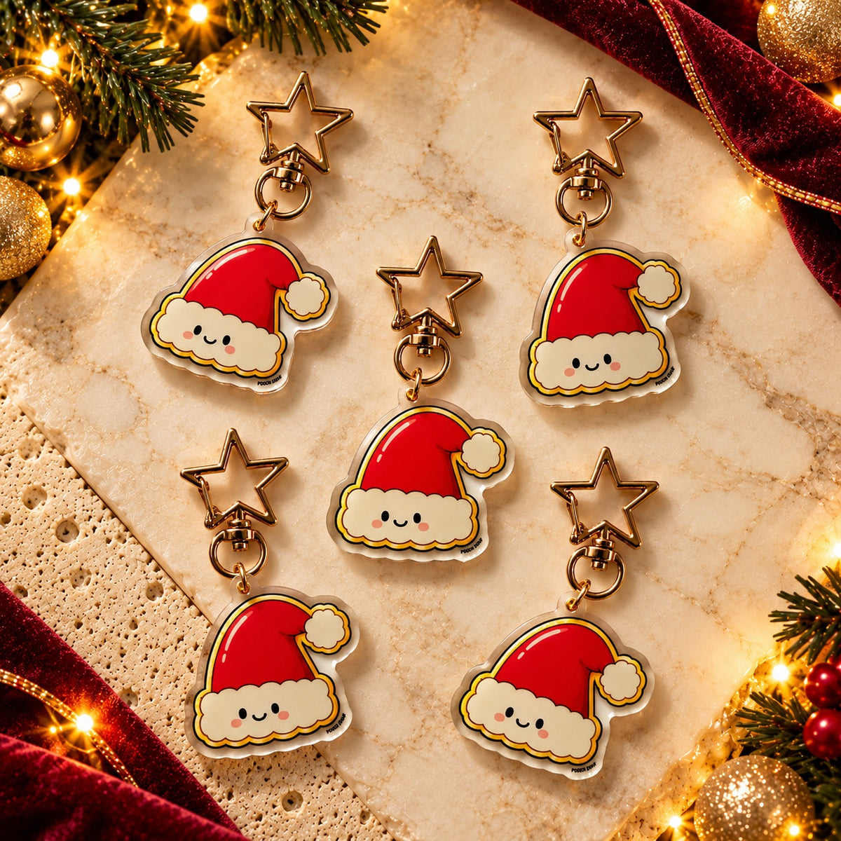 PAWDORA Christmas Santa Hat charm with gold-tone star clasp — five matching charms, styling display