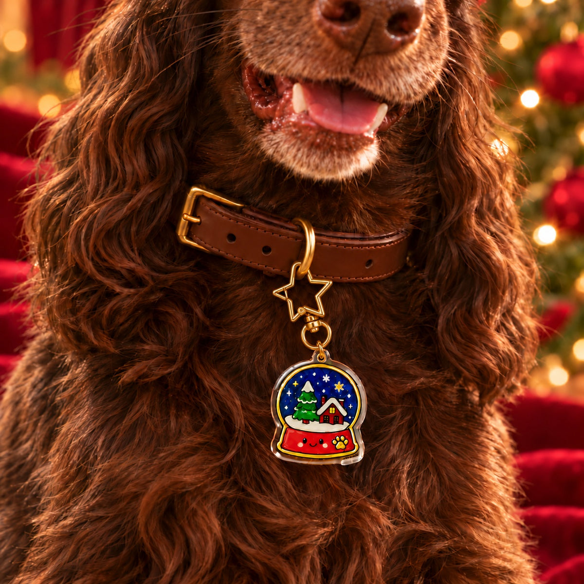 PAWDORA Christmas snow-globe charm with reference-matched gold star wire-gate clasp on collar