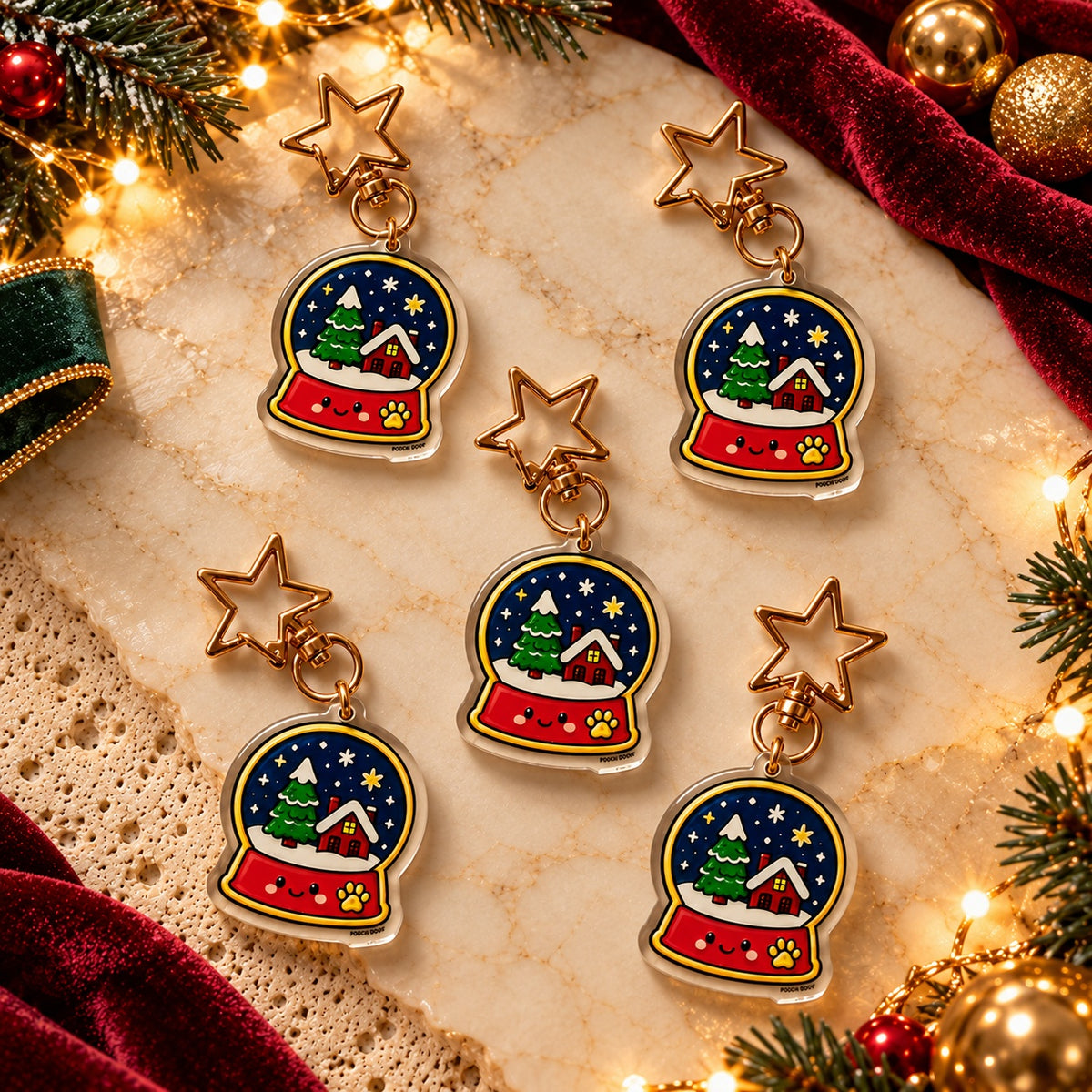 PAWDORA Christmas Snow Globe charm with gold-tone star clasp — five matching charms, styling display