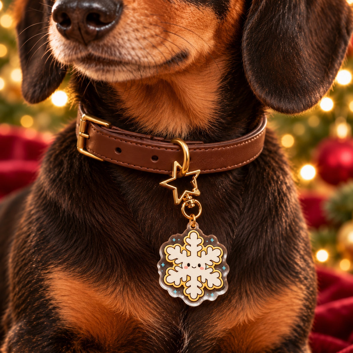 Snowflake charm star clasp clipped directly through the collar D-ring