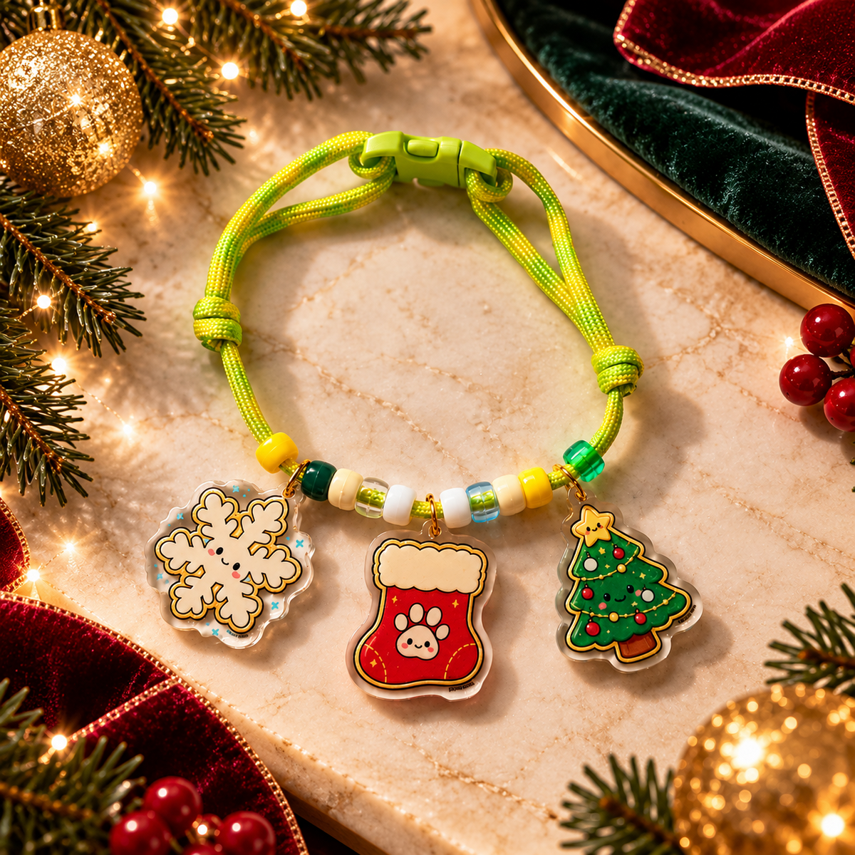 PAWDORA Christmas Trio Chartreuse green collar with snowflake, stocking and Christmas tree charms