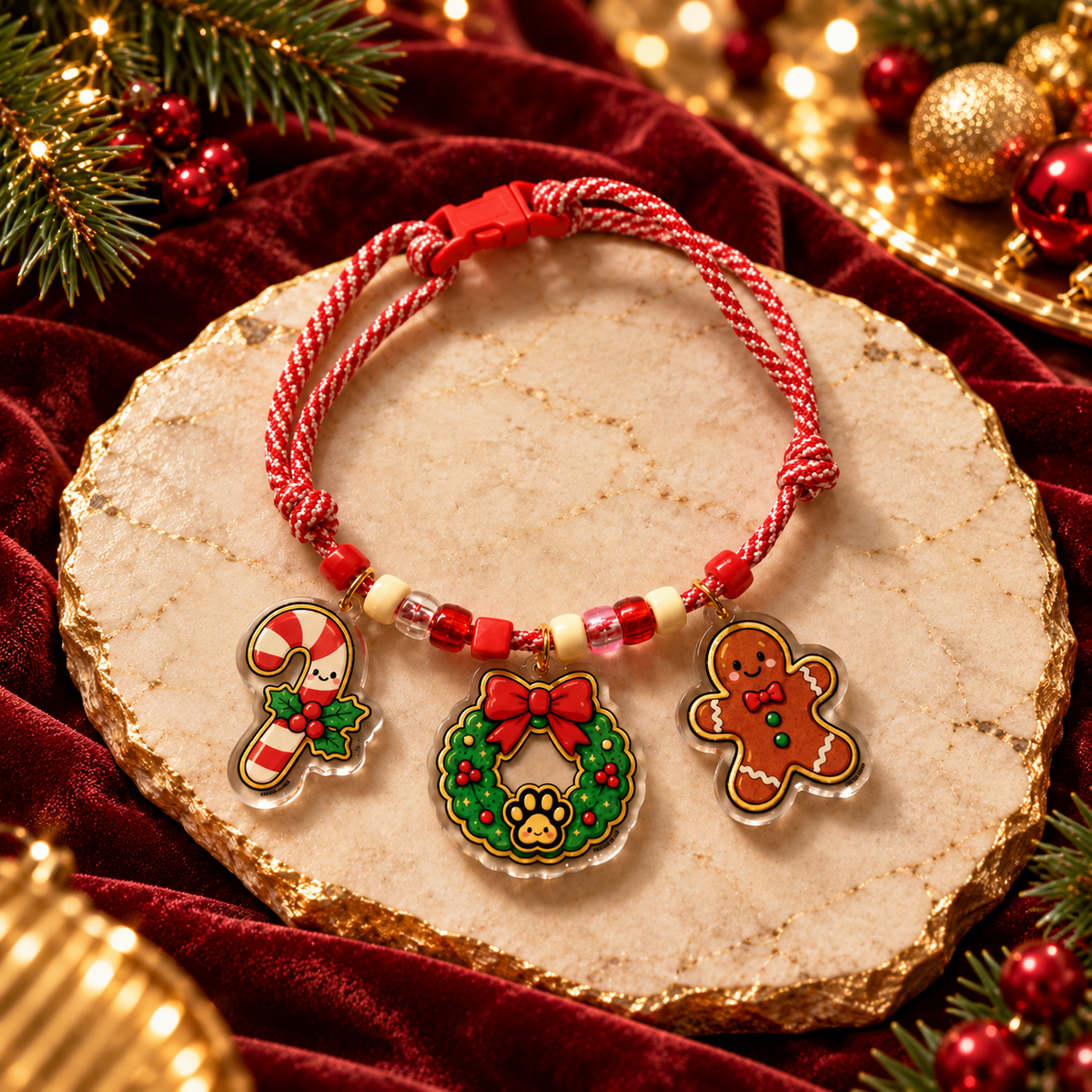 PAWDORA Christmas Trio Ruby red collar with candy cane, wreath and gingerbread charms