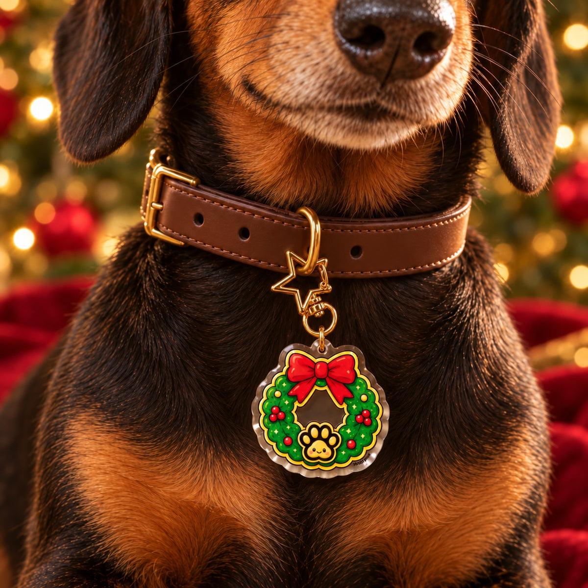 Wreath charm star clasp clipped directly through the collar D-ring