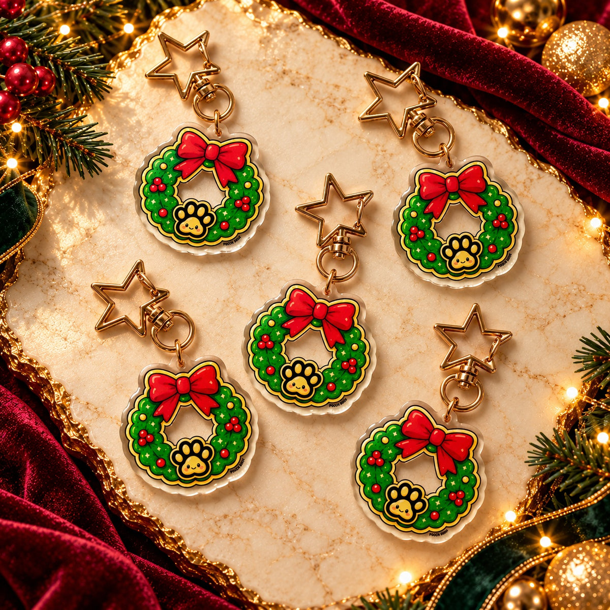 PAWDORA Christmas Wreath charm with gold-tone star clasp — five matching charms, styling display